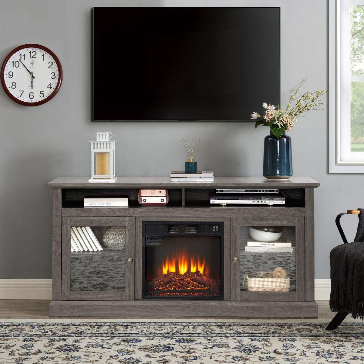 Modern TV Media Stand Modern Entertainment Console with 18" Fireplace Insert for TV Up to 65" with Open and Closed Storage Space, Dark Walnut/Black, 60"Wx15.75"Dx29"H