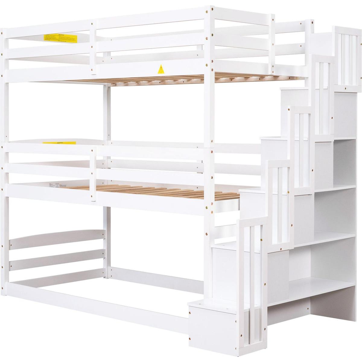 Twin Size Triple Bunk Bed with Storage Staircase,Separate Design,White