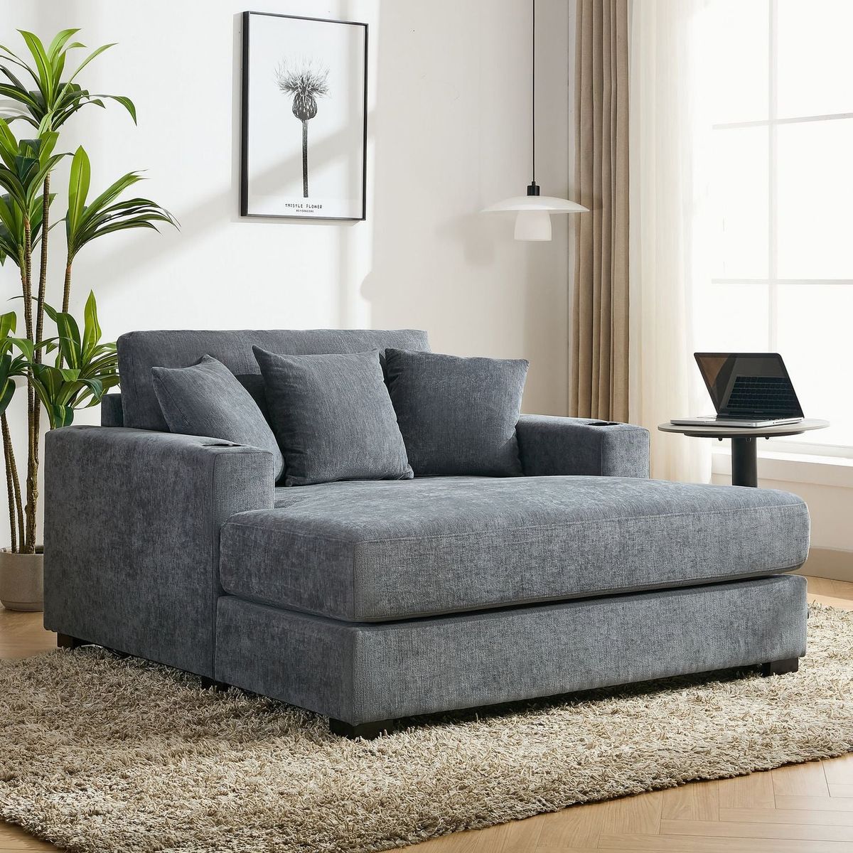 55" Oversized Chaise Lounger Modern Style Sofa Couch ,with Pillows, Charge Station & Cup Holders, Chenille Fabric, Blue Gray - Streamdale Furniture