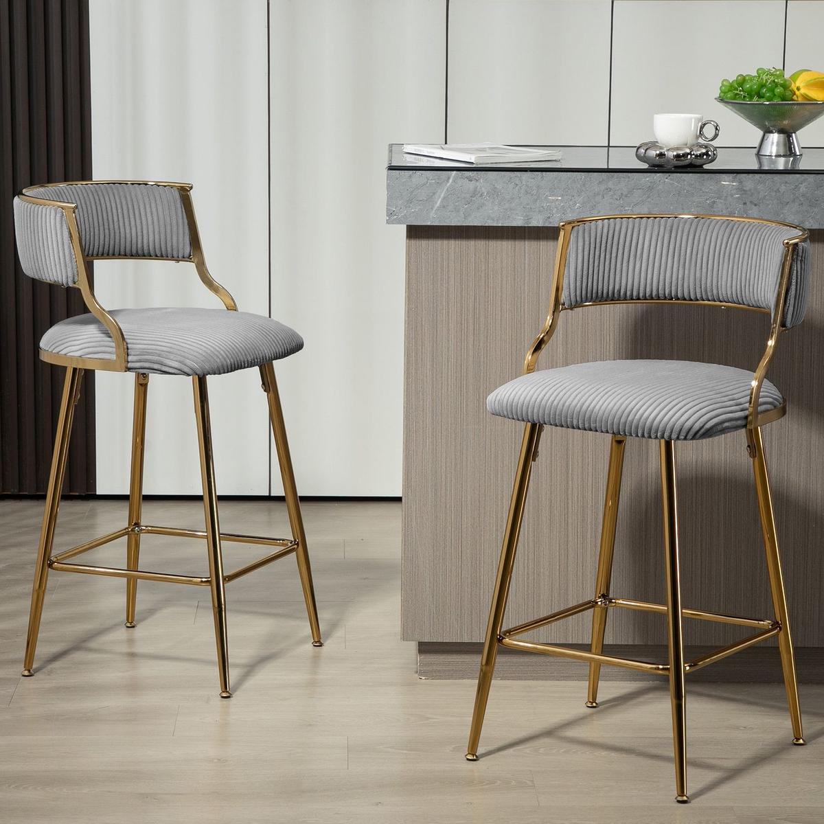 SET OF 2,26" Counter height bar stools Corduroy kitchen island counter bar stool with back,golden chromed base and footrest (GREY)