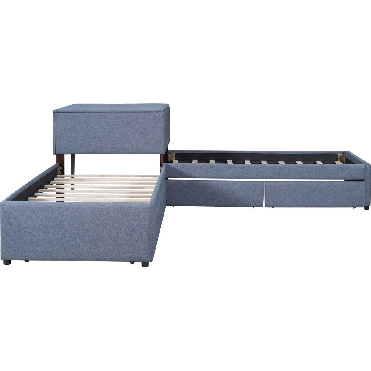 L-shaped Upholstered Platform Bed with Trundle and Two Drawers Linked with built-in Desk,Twin,Gray