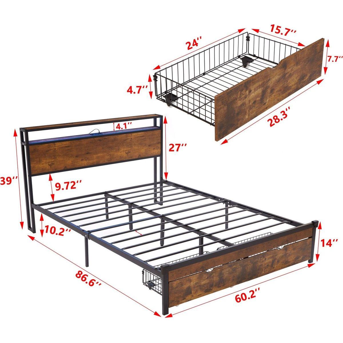 Queen Size Metal Platform Bed Frame with Wooden Headboard and Footboard with USB,Charging Station,2 Drawers,LED Lights, No Box Spring Needed, Easy Assemble