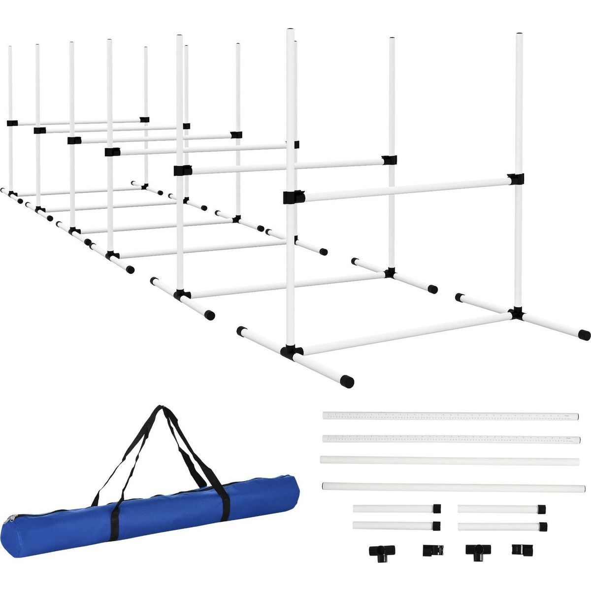 6 Piece Dog Agility Training Equipment for Dog Agility Course with Adjustable Height Jump Bars, Included Carry Bag, & Displacing Top Bar, White