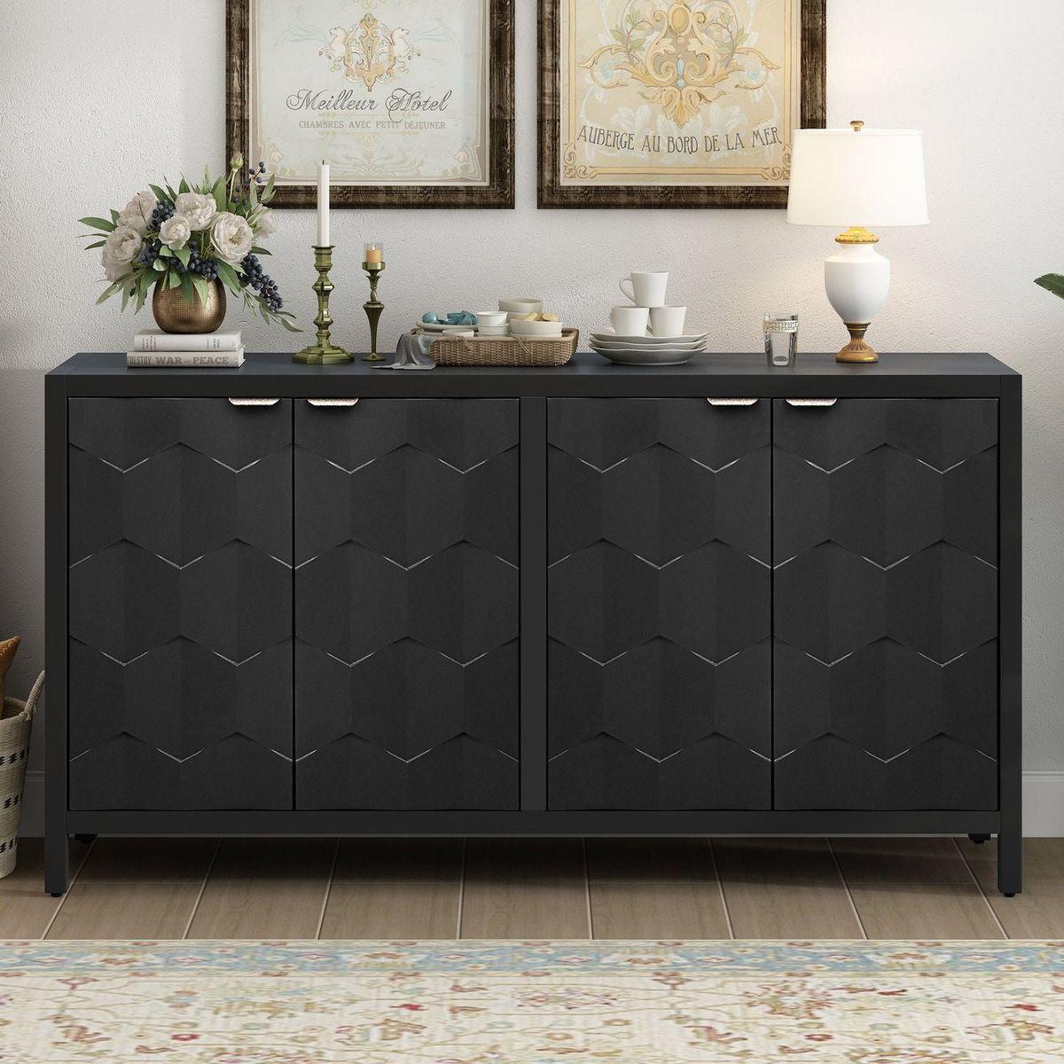 Luxurious Four-Door Sideboard with Honeycomb Patterned Doors, Offering Ample Storage for Study,Entrance and Living Room