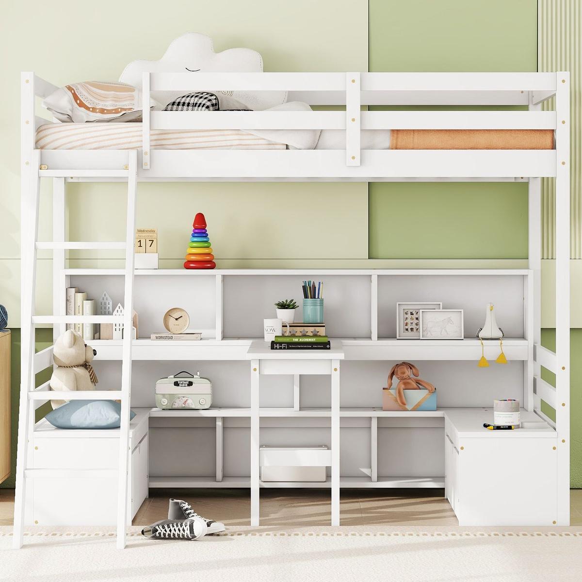 Twin Loft Bed With Storage Shelves, Drawers, Seat And Desk For White Color