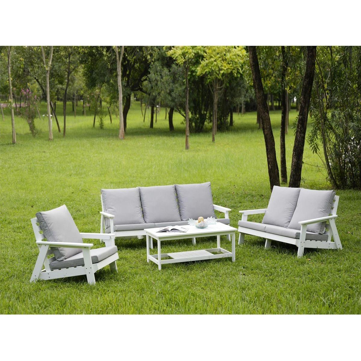 HIPS Loveseat with Cushion, Wood Grain Outdoor Garden Sofa,White/Grey