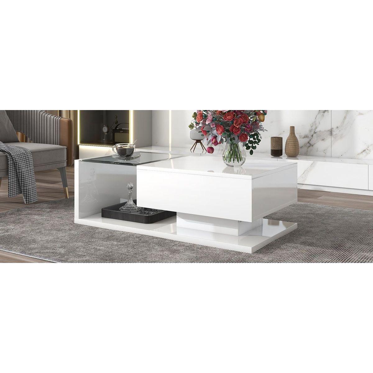 Modern Coffee Table with Tempered Glass, Wooden Cocktail Table with High-gloss UV Surface, Modernist 2-Tier Rectangle Center Table for Living Room, White