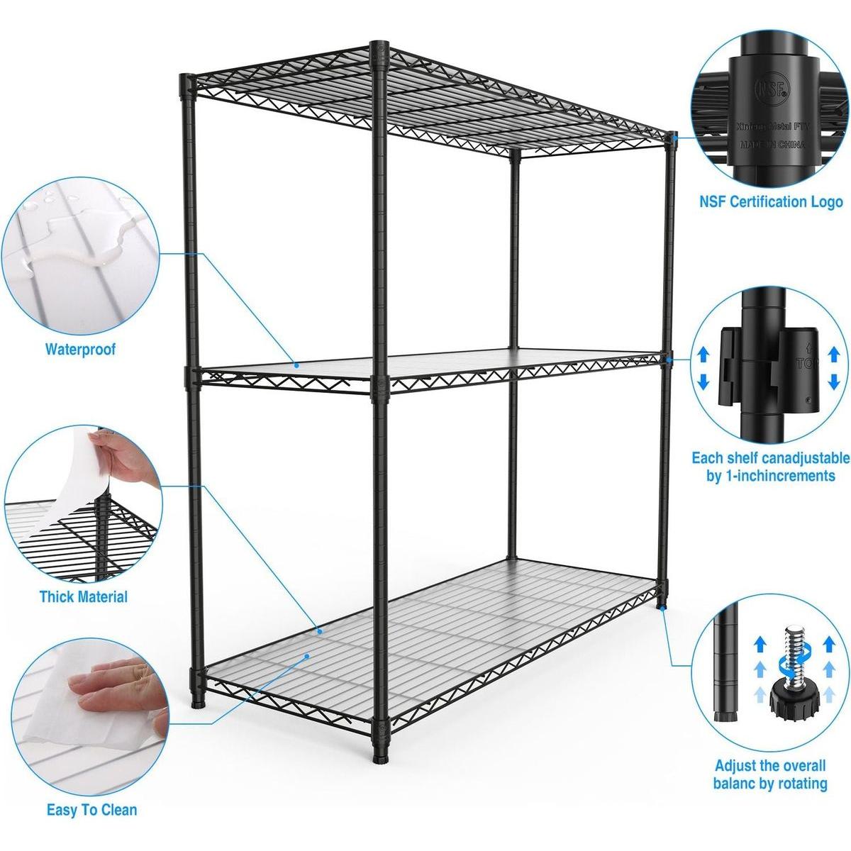 3 Tier Wire Shelving Unit, 1050 LBS NSF Height Adjustable Metal Garage Storage Shelves, Heavy Duty Storage Wire Rack Metal Shelves - Black