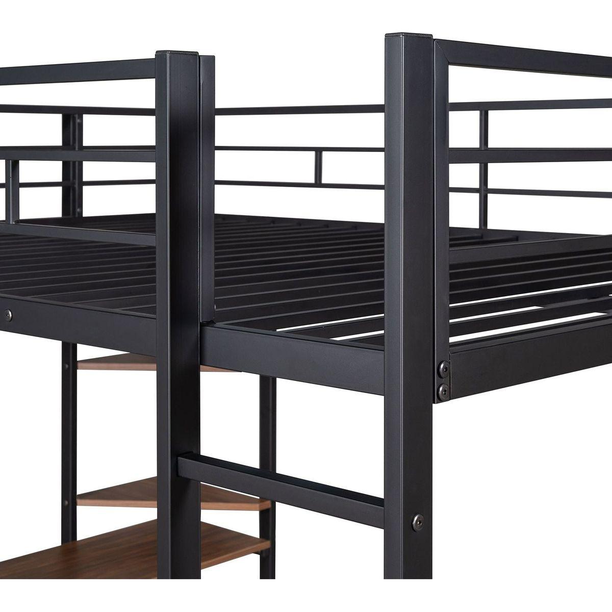 Full Size Metal Loft Bed with 2 Shelves and one Desk, Black