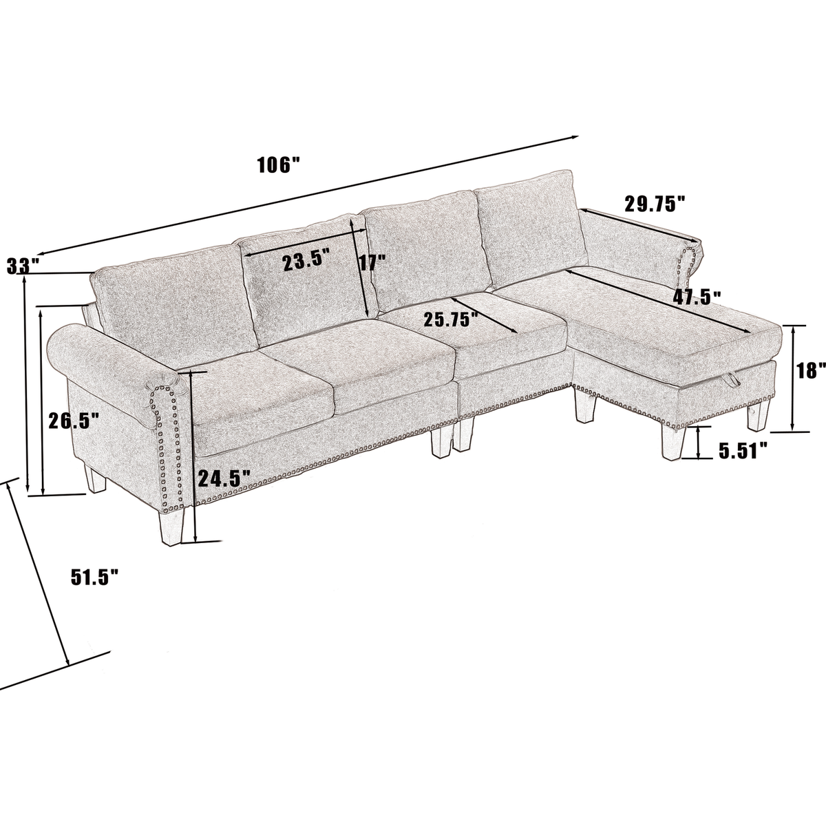 Convertible Sectional Sofa with Storage,L-shaped sofa,Four-seater sofa,Modern Linen Fabric Sectional Couches for Living Room,Gray