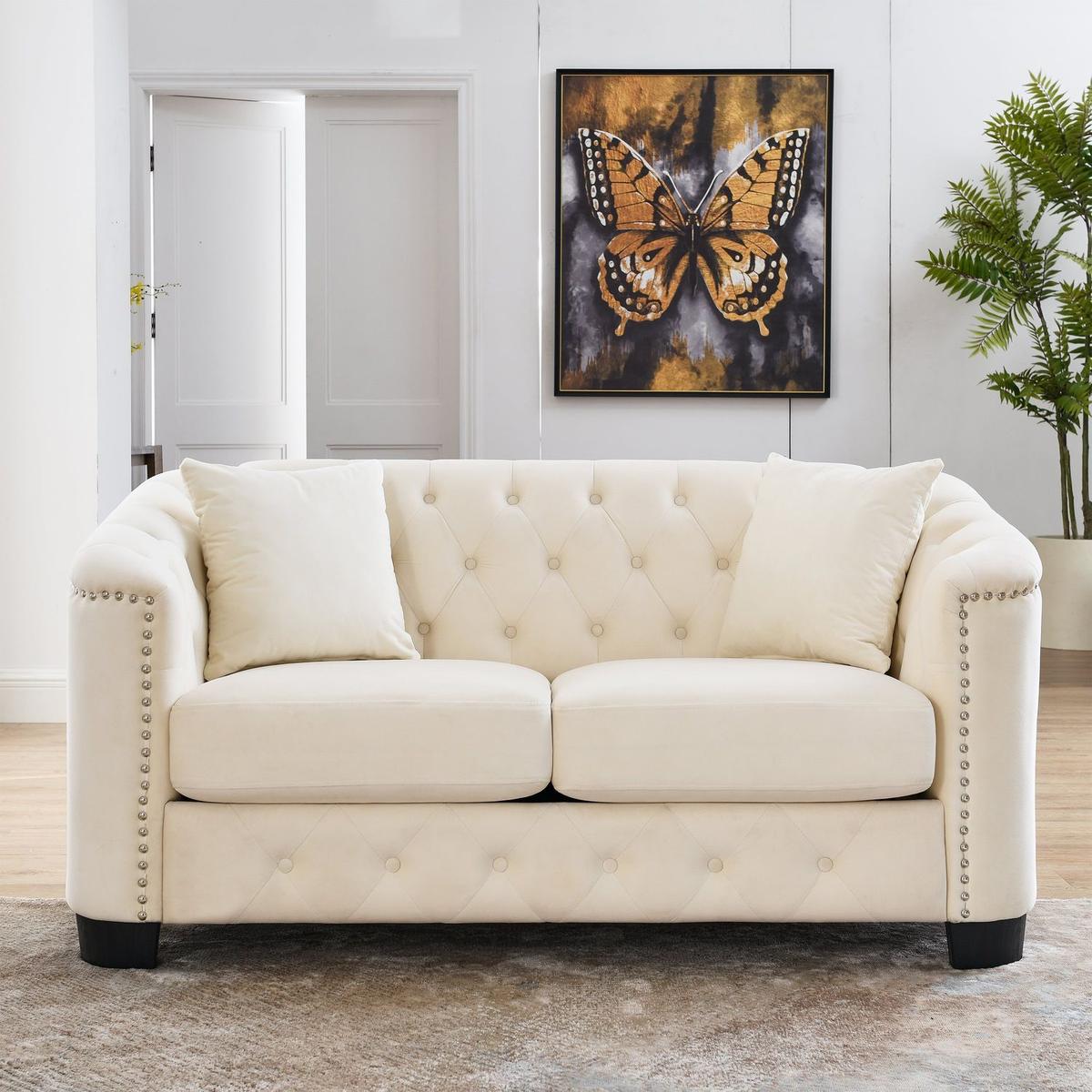 59-Inch Modern Chesterfield Velvet Sofa, 2-Seater Sofa, Upholstered Tufted Backrests with Nailhead Arms and 2 Cushions for Living Room, Bedroom, Apartment, Office (Beige)