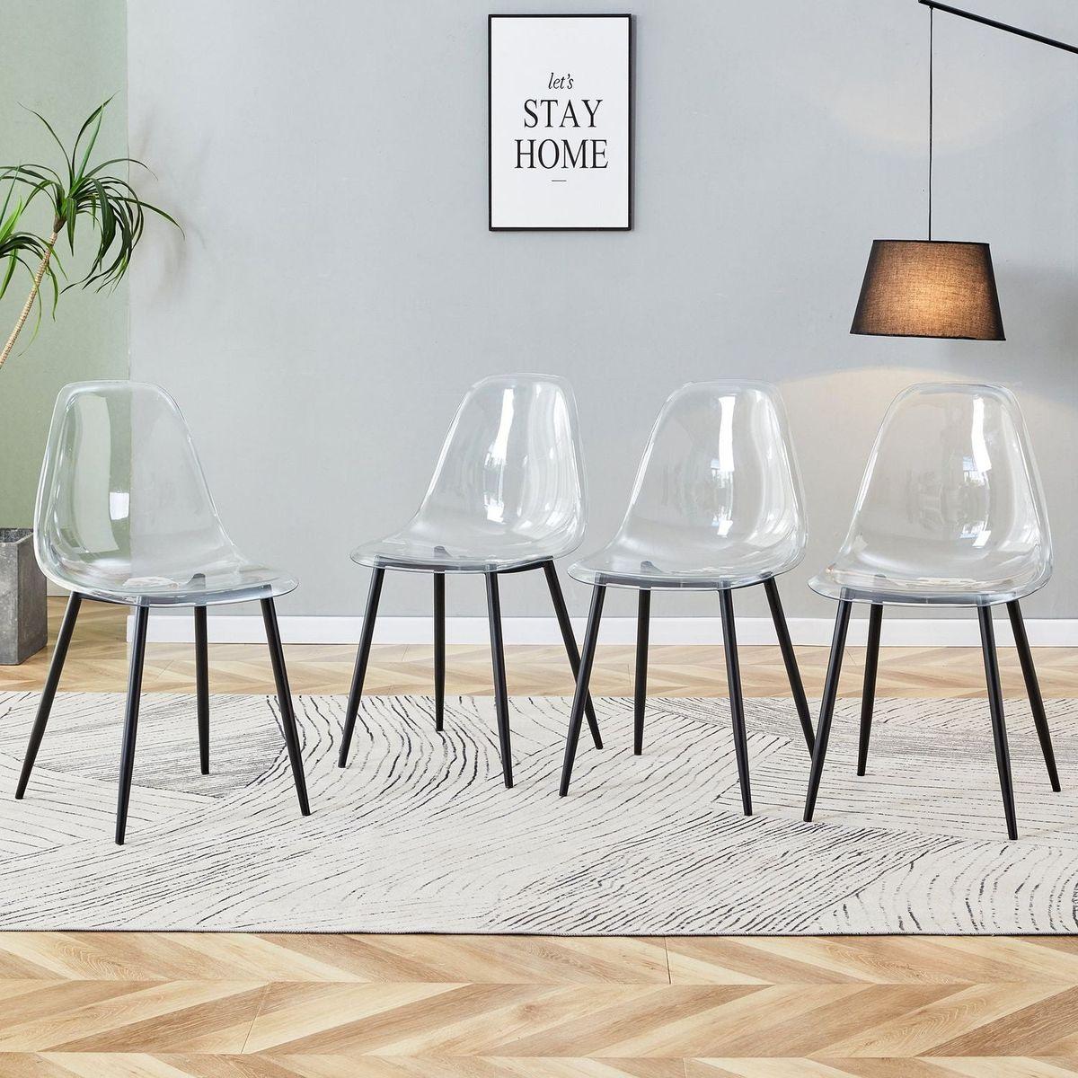 Modern minimalist transparent dining chair, plastic chair, armless crystal chair, Nordic creative makeup stool, negotiation chair, set of 4 pieces, black metal legs
