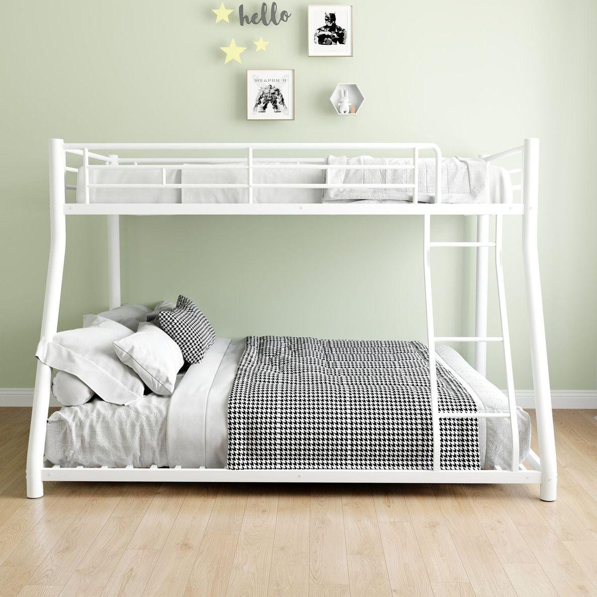 Metal Bunk Bed Twin Over Full Size with Removable Stairs, Heavy Duty Sturdy Frame with 12" Under-Bed Storage for Teen & Adults, Teens, No Box Spring Needed, White