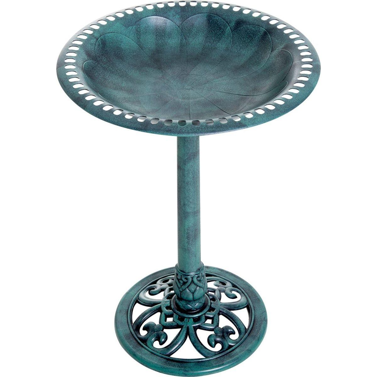 28" Bird Bath Outdoor Resin Decor with Fleur De Lis Pattern, Time-Worn Finish