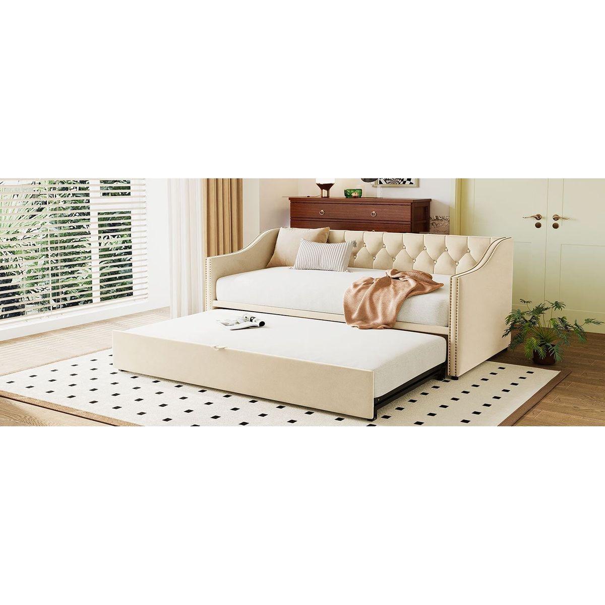 Twin Size Upholstered daybed with Pop Up Trundle, Beige