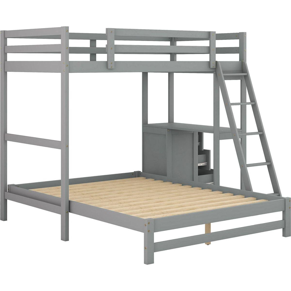 Twin over Full Bunk Bed with Built-in Desk and Three Drawers,Grey