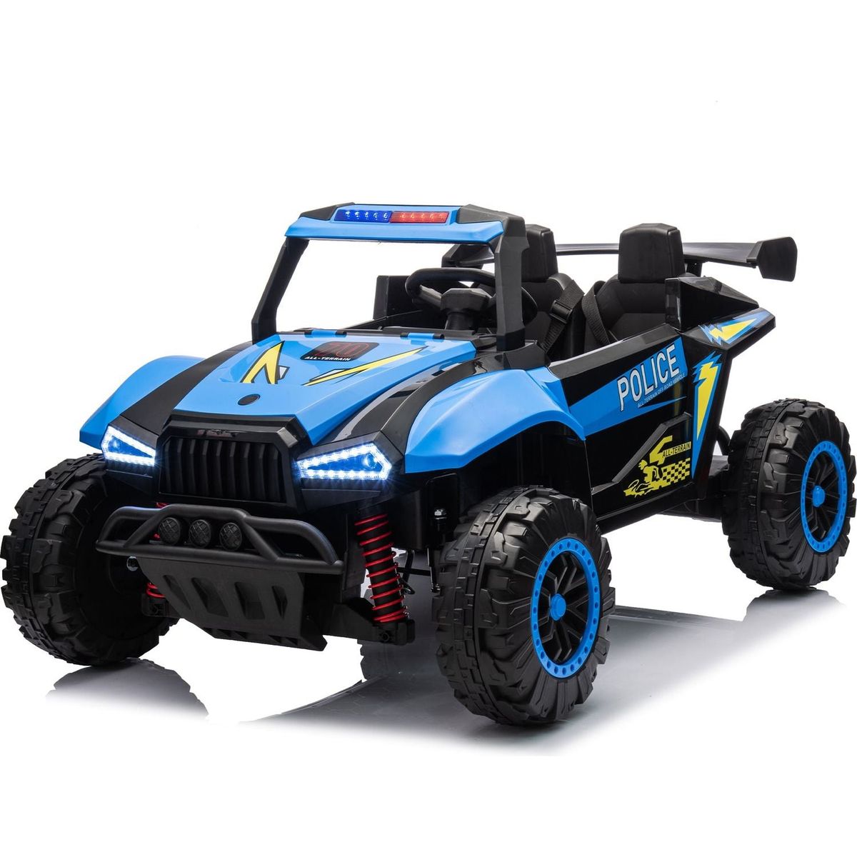 24V Two-seater Kids Ride On Electric Car W/Parents Control,Seat width 20.47in,2WD,Four-wheel suspension,The police car with a megaphone,Power display,Bluetooth,MP3,USB/TF,Music,LED Lights for Kids.