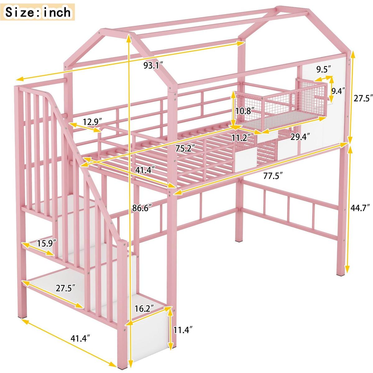Metal Loft Bed with roof design and a storage box, Twin, Pink