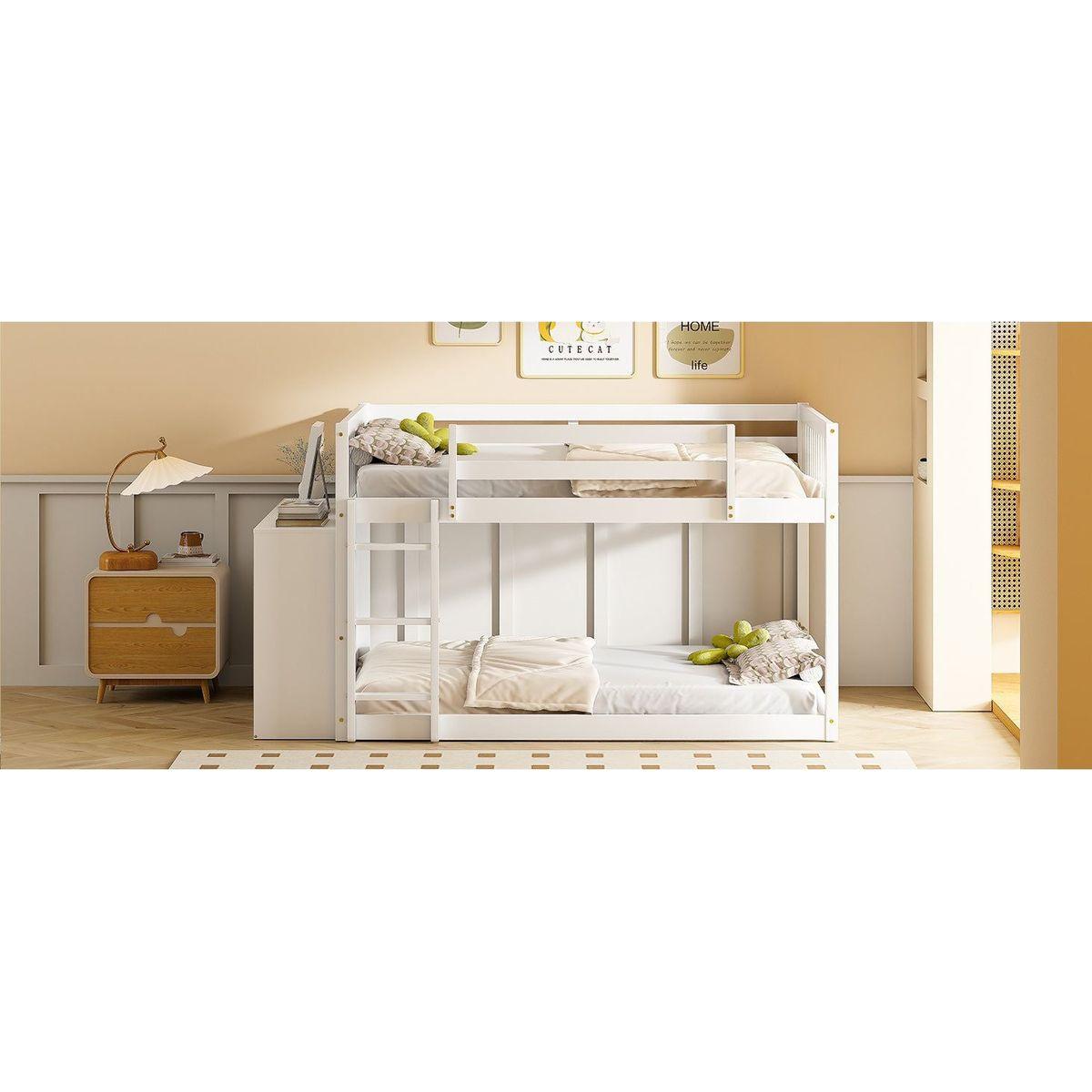 Full over Full Bunk Bed with 4 Drawers and 3 Shelves-White