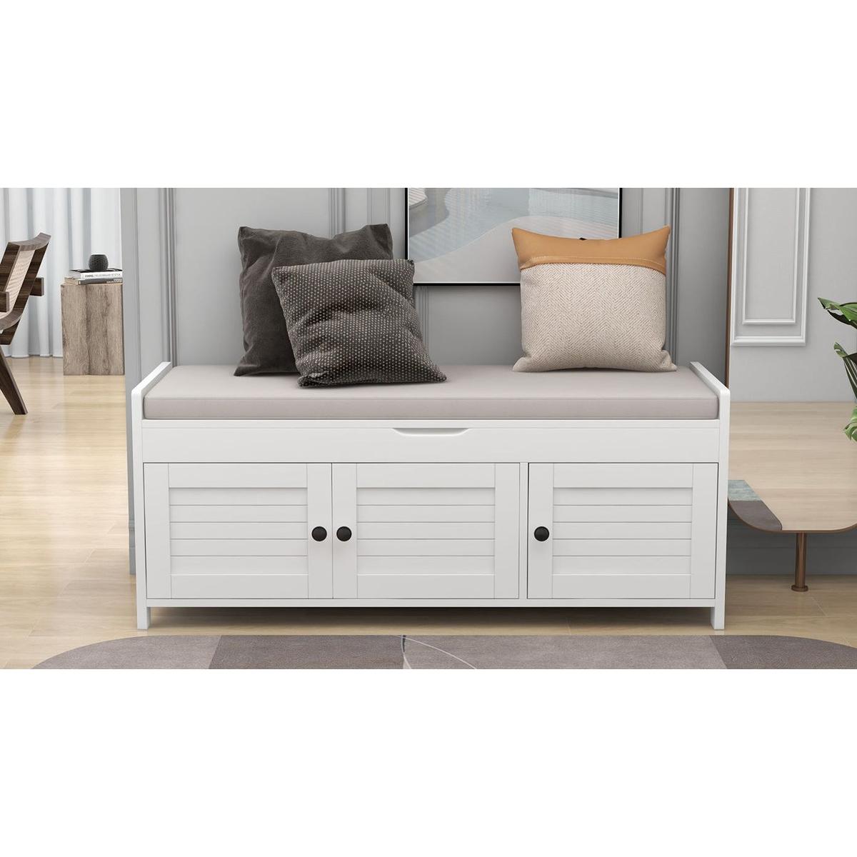Storage Bench with 3 Shutter-shaped Doors, Shoe Bench with Removable Cushion and Hidden Storage Space (White