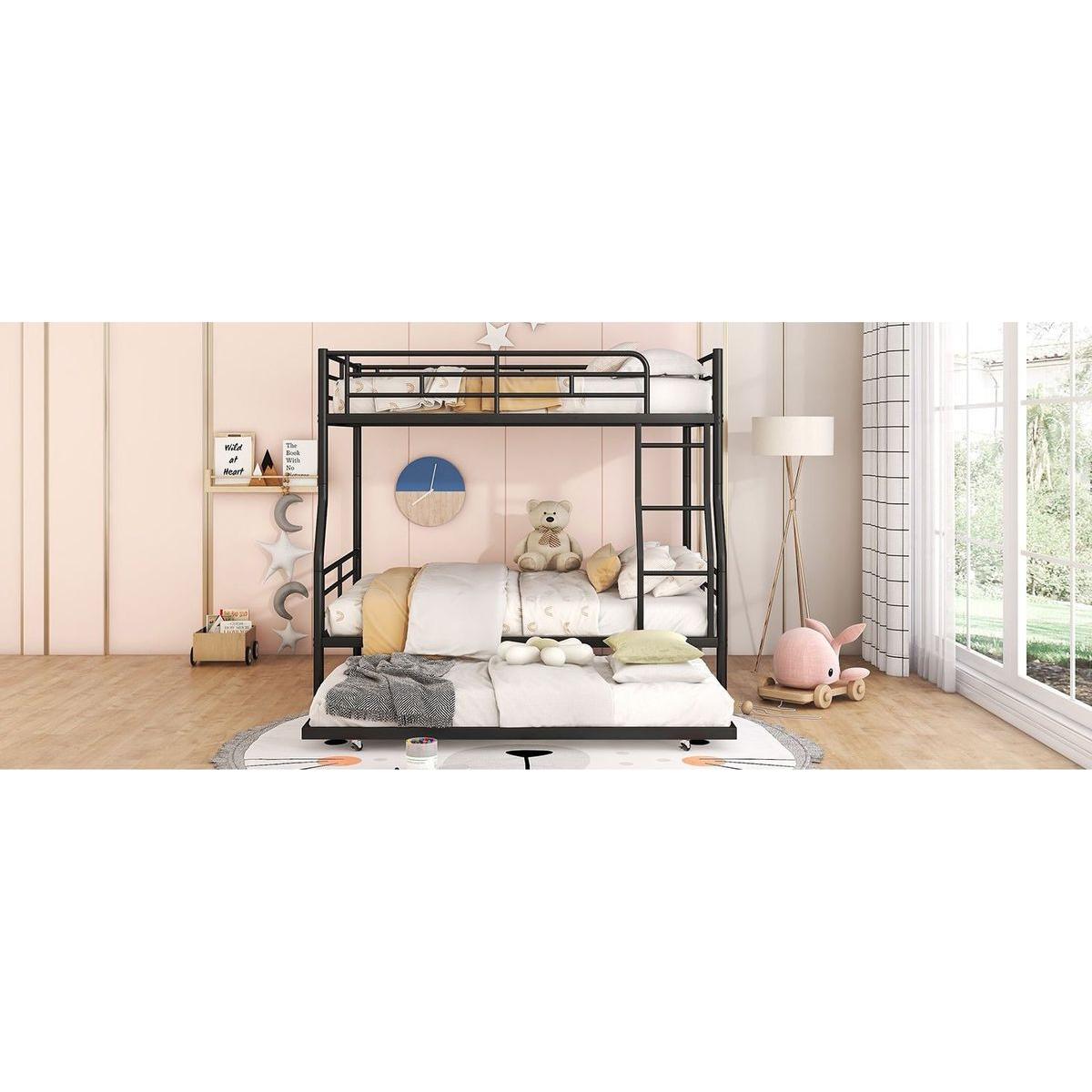 Full XL Over Queen Metal Bunk Bed with Trundle, Black