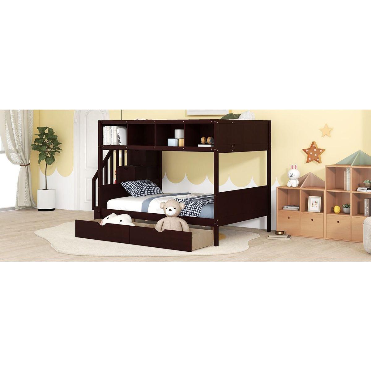 Twin over Full Bunk Bed with Shelfs, Storage Staircase and 2 Drawers, Espresso