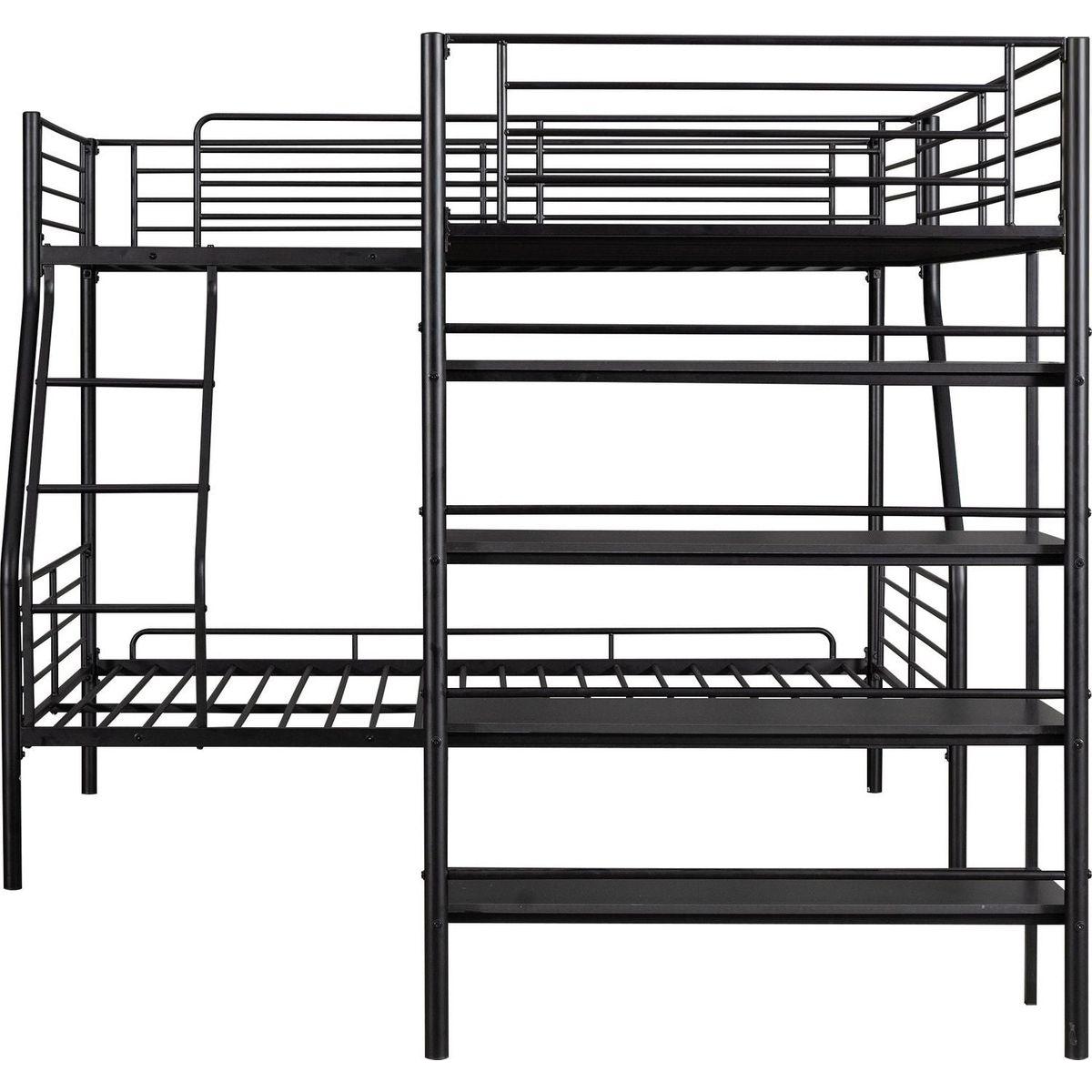 L-Shaped Metal Twin over Full Bunk Bed and Twin Size Loft Bed with Four Built-in Shelves,Black