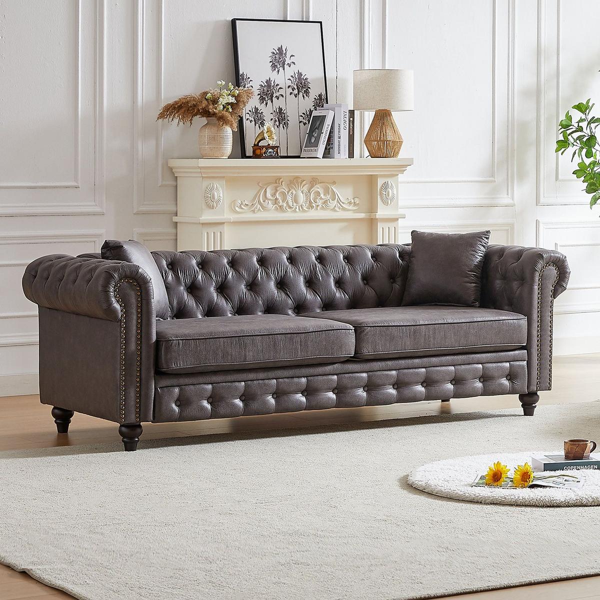 85.5"Living Room with Tech Fabric Chesterfield Sofa with Rolled Arms 3 Seater Sofa with Button Design and 2 Cushions for Apartment, Office, Living Room