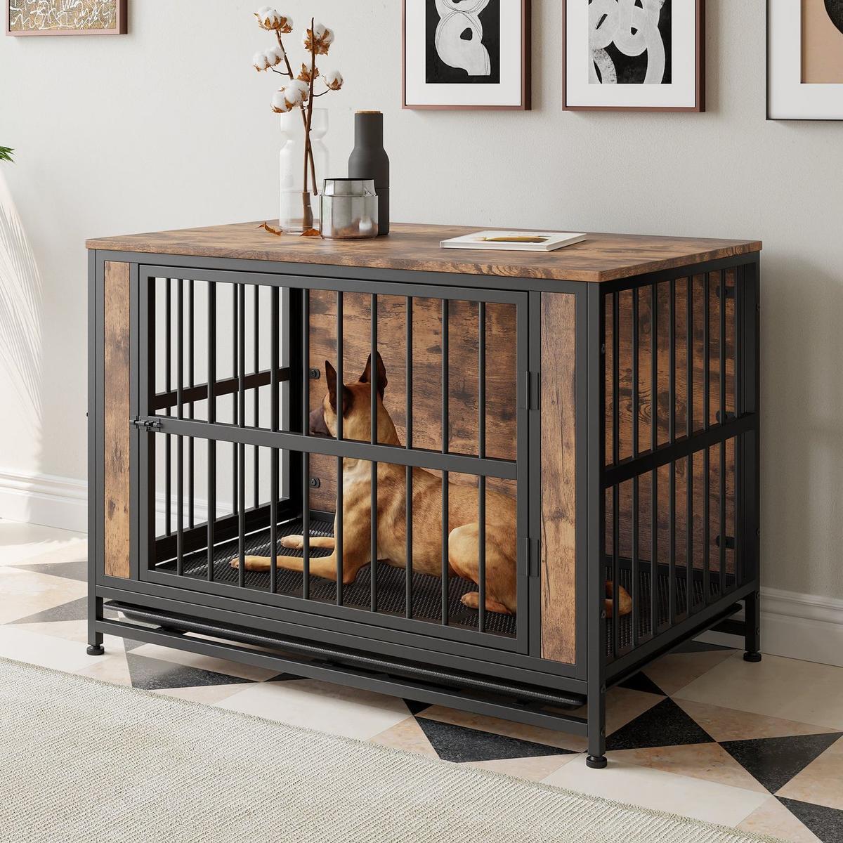 Dog Crate Furniture, Wooden Dog Crate Table, 38.9" Dog Kennel with 2 Sliding Doors and Thick Iron Door Frame, Decorative Pet Crate House for Large/Medium/Small Dog Indoor Use(Rustic Brown)