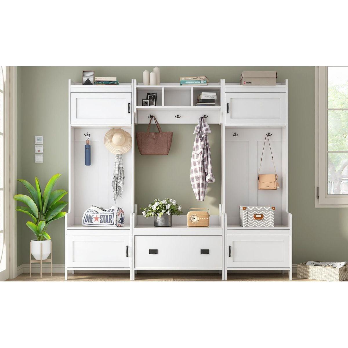 Modern Style 4-in-1 Multiple Functions Hallway Coat Rack with Seven Metal Black Hooks, Entryway Bench Hall Tree with Ample Storage Drawer, White