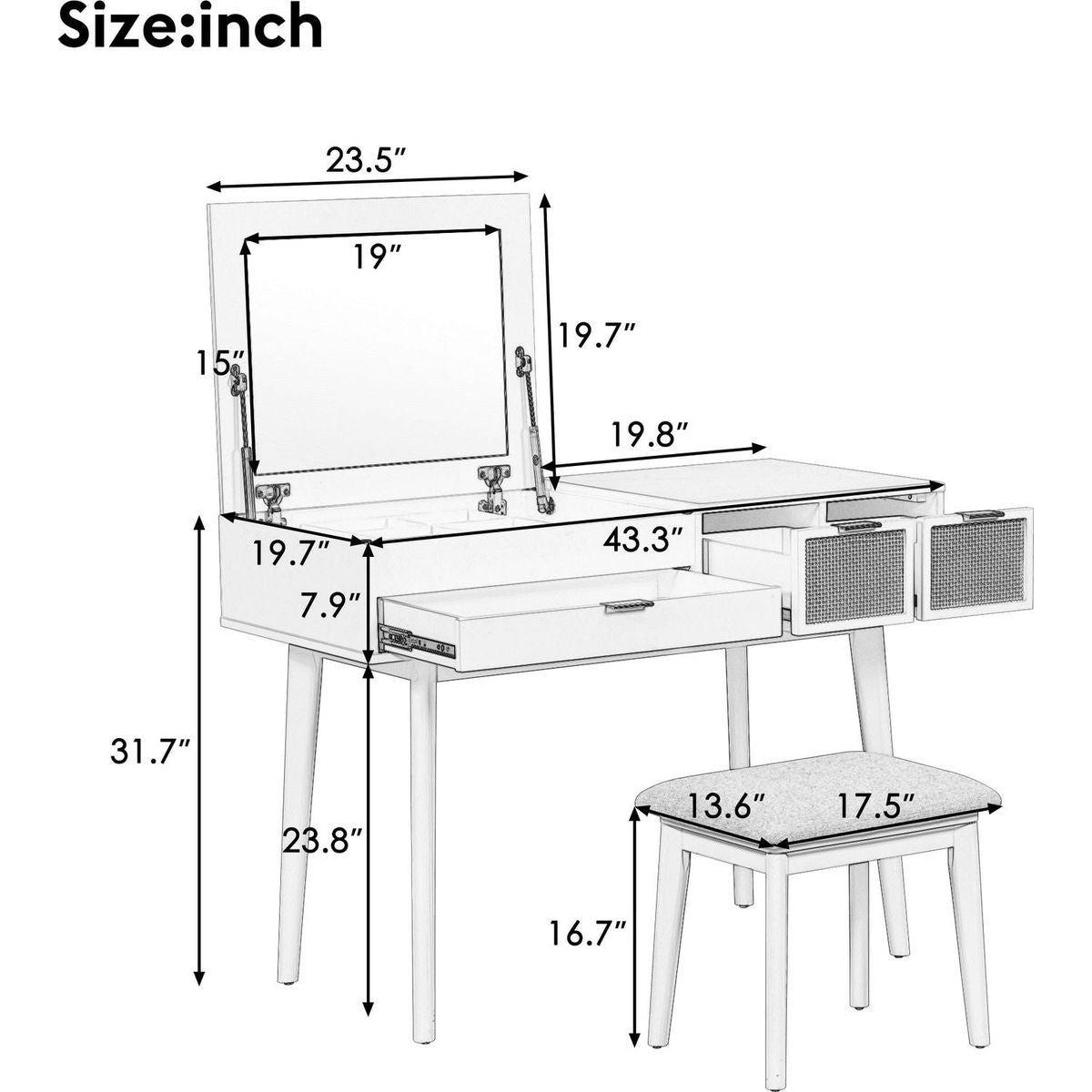43.3" Classic Wood Makeup Vanity Set with Flip-top Mirror and Stool, Dressing Table with Three Drawers and storage space, Brown