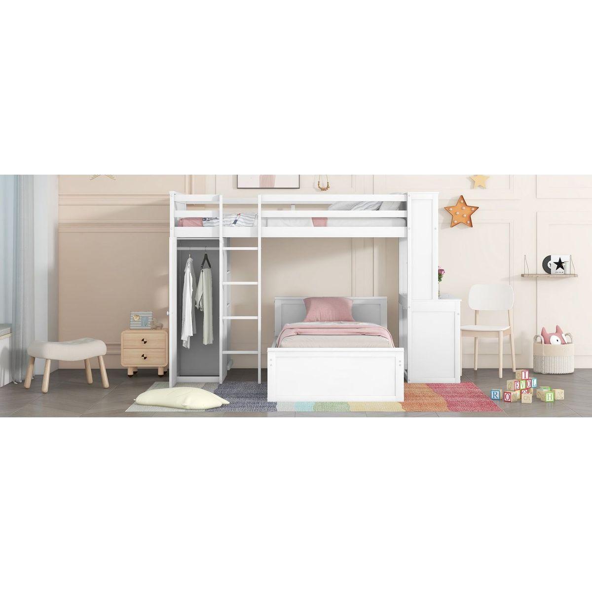 Twin size Loft Bed with a Stand-alone bed, Shelves,Desk,and Wardrobe-White