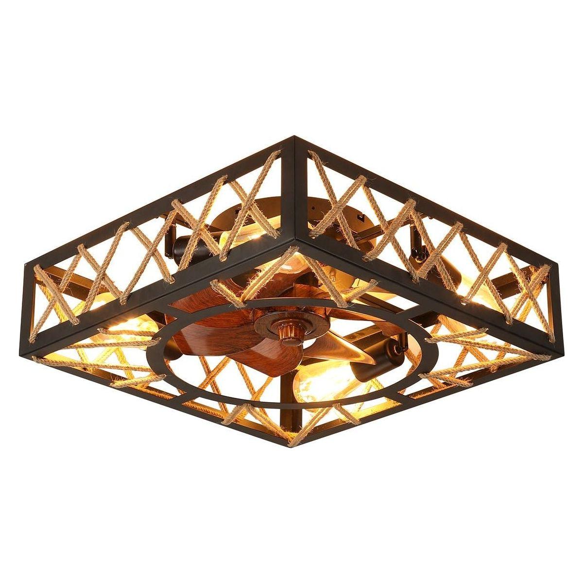 Farmhouse Rustic Ceiling Fan and Remote Control,Square Caged Industrial Ceiling Fixture with 6 Speeds & Noiseless DC Motor for Kitchen Dining Room Living Room Bedroom