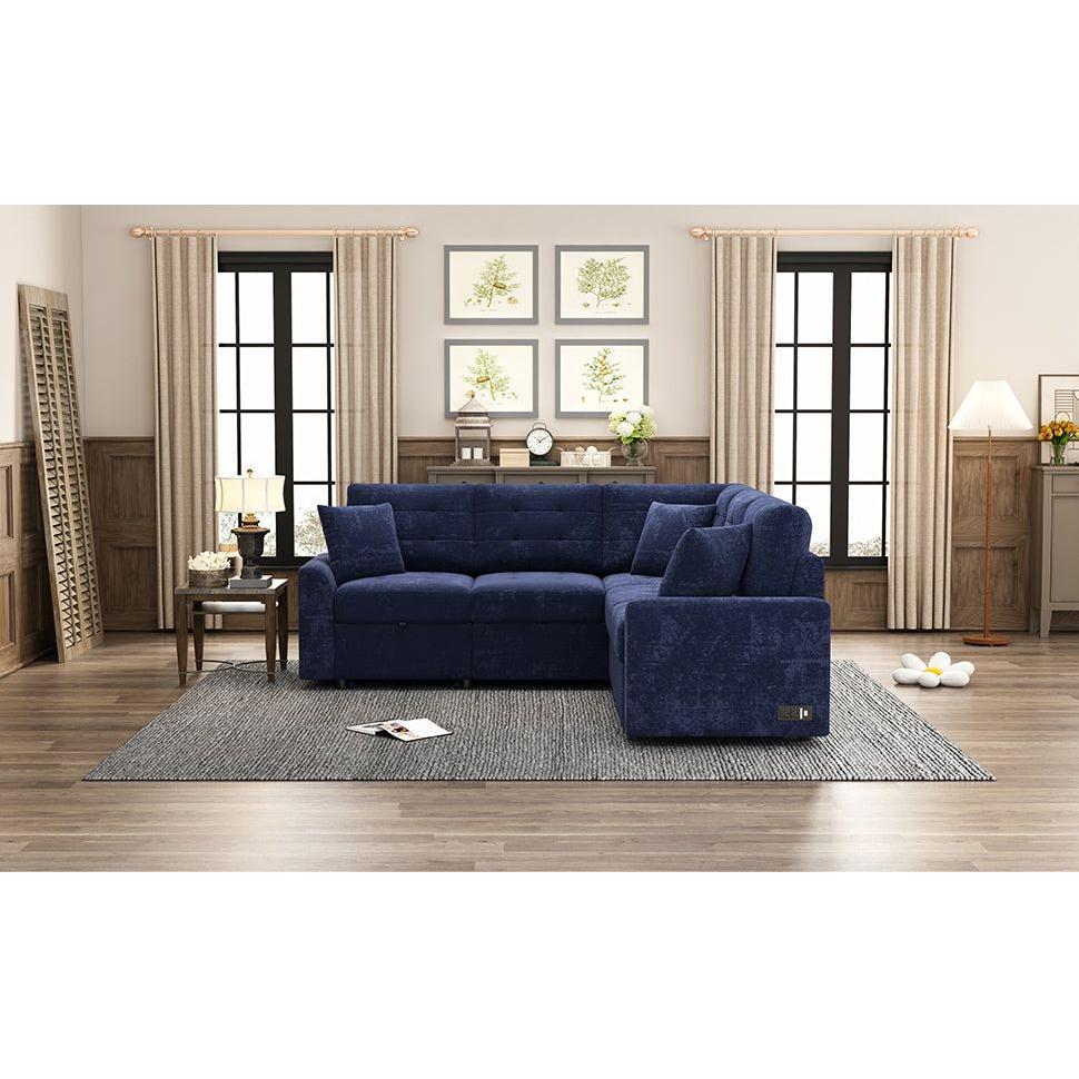 82.6" L-shape Sofa Bed Pull-out Sleeper Sofa with Wheels, USB Ports, Power Sockets for Living Room, Navy Blue