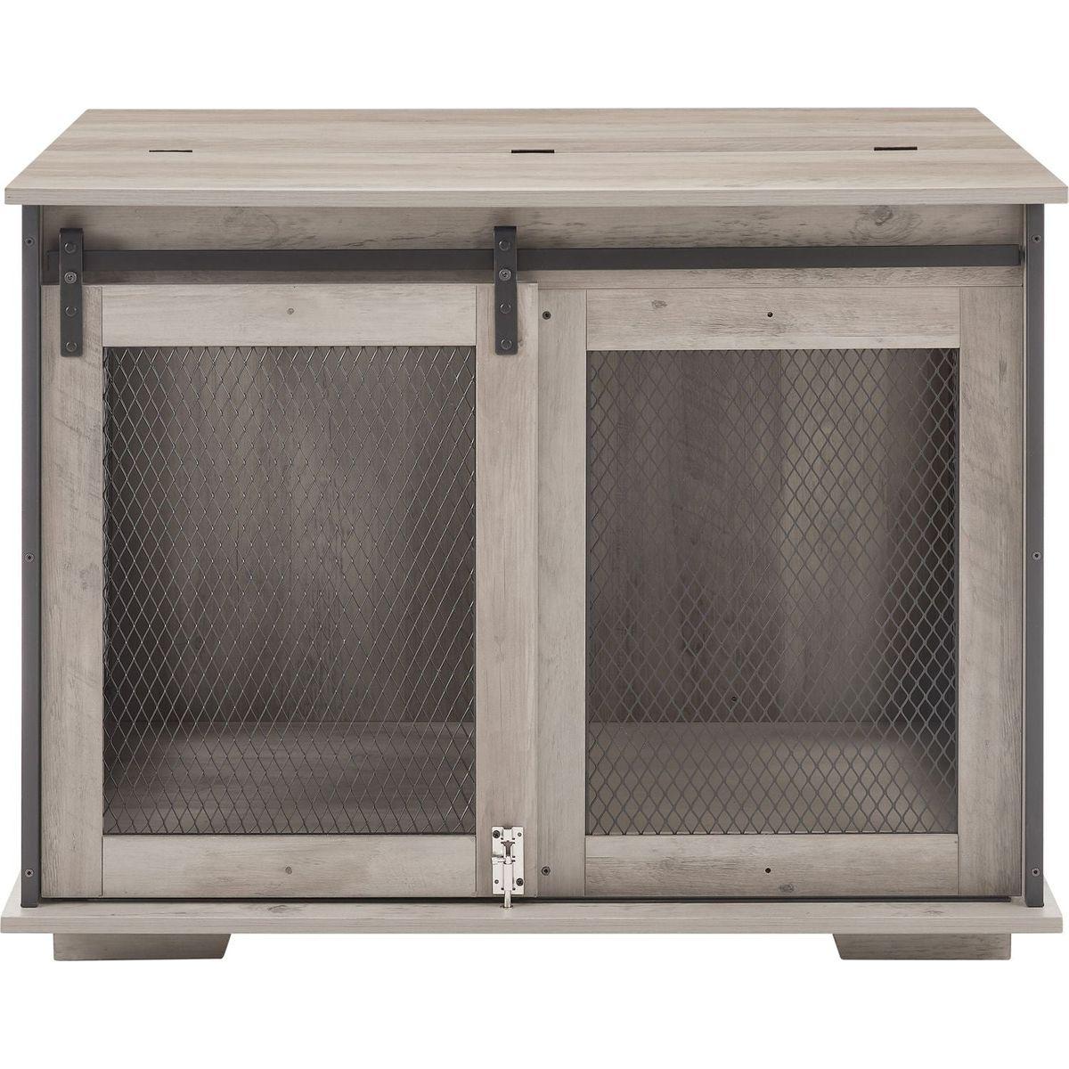 Farmhouse Dog Cage Crate Furniture with Sliding Barn Door, Farmhouse Wooden Dog Kennel End Table with Flip-top Plate Dog House with Detachable Divider for Small/Medium/Large Dog Gray