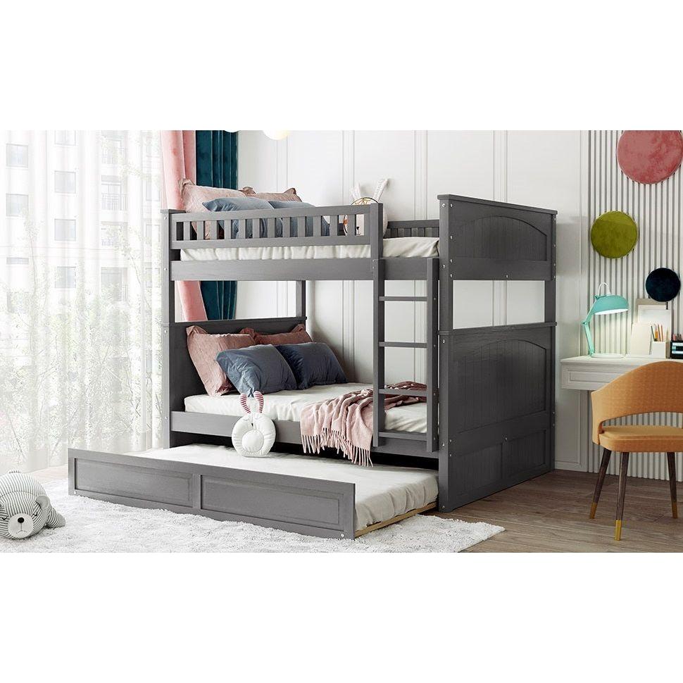 Full Over Full Bunk Bed with Twin Size Trundle, Pine Wood Bunk Bed with Guardrails, Brushed Gray