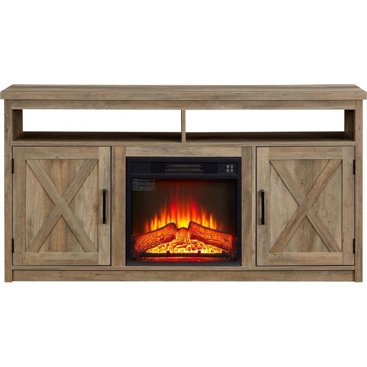 Farmhouse TV Media Stand, Large Barn Inspired Home Entertainment Console, with 18" Fireplace Insert, for TV Up to 65", with Open Shelves and Closed Cabinets, Gray Wash 57.87x15.75x30.31