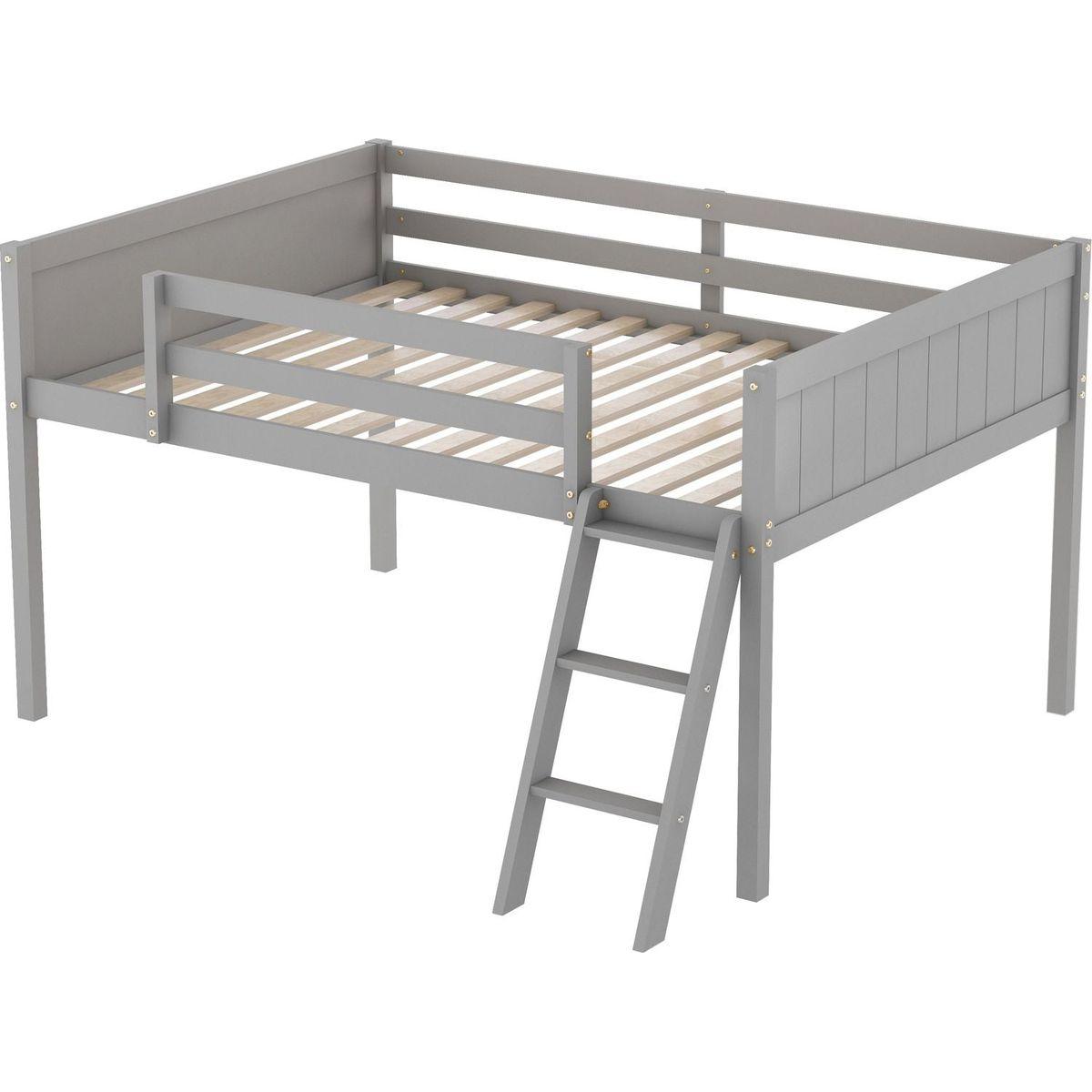 Full Size Wood Low Loft Bed with Ladder, ladder can be placed on the left or right, Gray