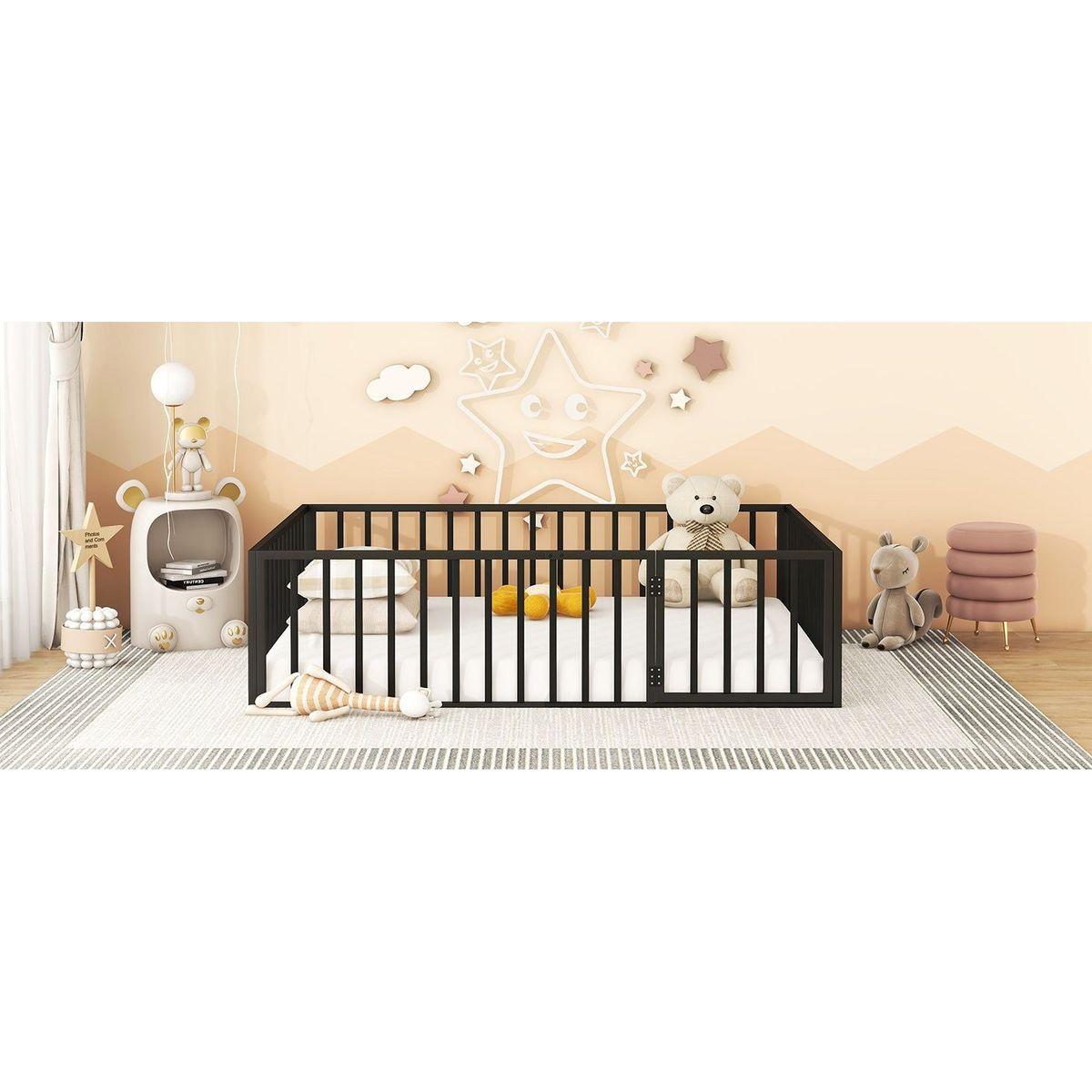 Queen Size Metal Floor Bed Frame with Fence and Door, Black