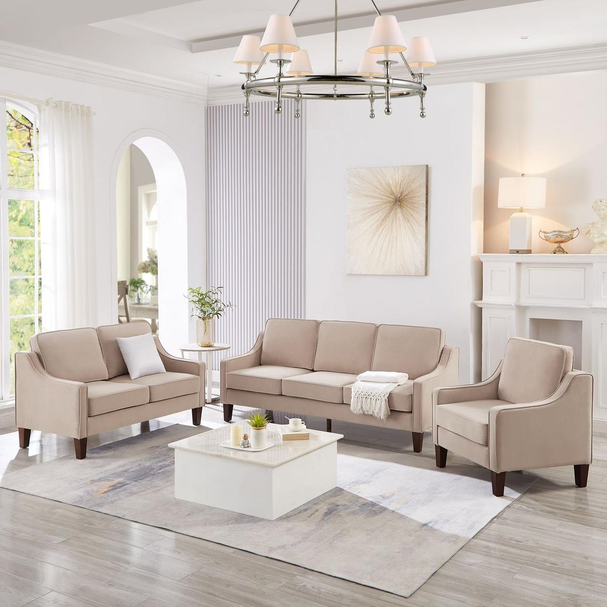 Modern 3 Piece seat Sofa Couch with Scooped Armrest/Wood legs,Upholstered Velvet 3-seat Sofa with Removable Cushions for Livingroom Bedroom,Taupe