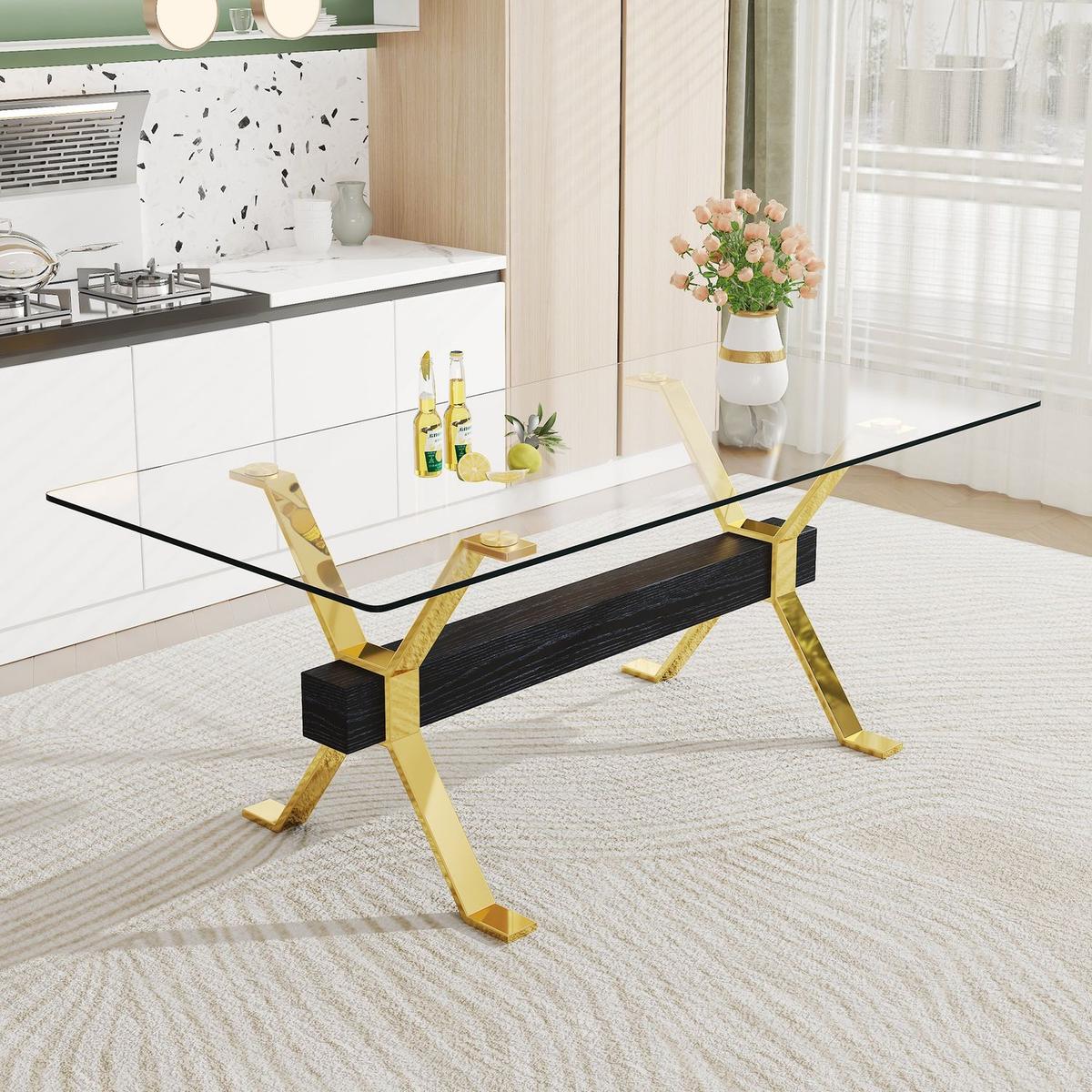 Dining table. Modern tempered glass dining table. Large modern office desk with gold metal legs and MDF crossbars, suitable for home and office use. Kitchen .71 "x35.4"x30 " 1105