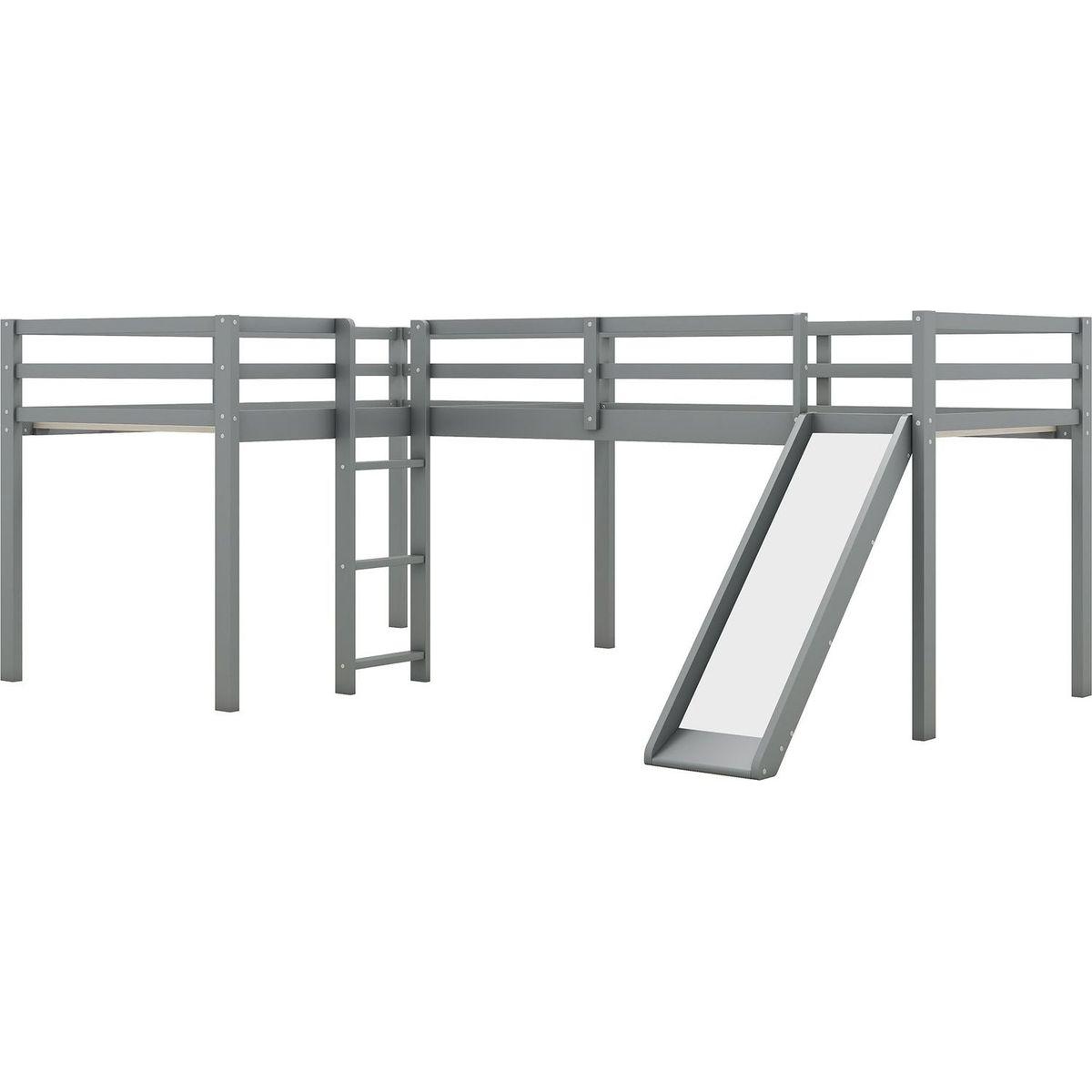 L-Shaped Twin Size Loft Bed with Ladder and Slide, Gray