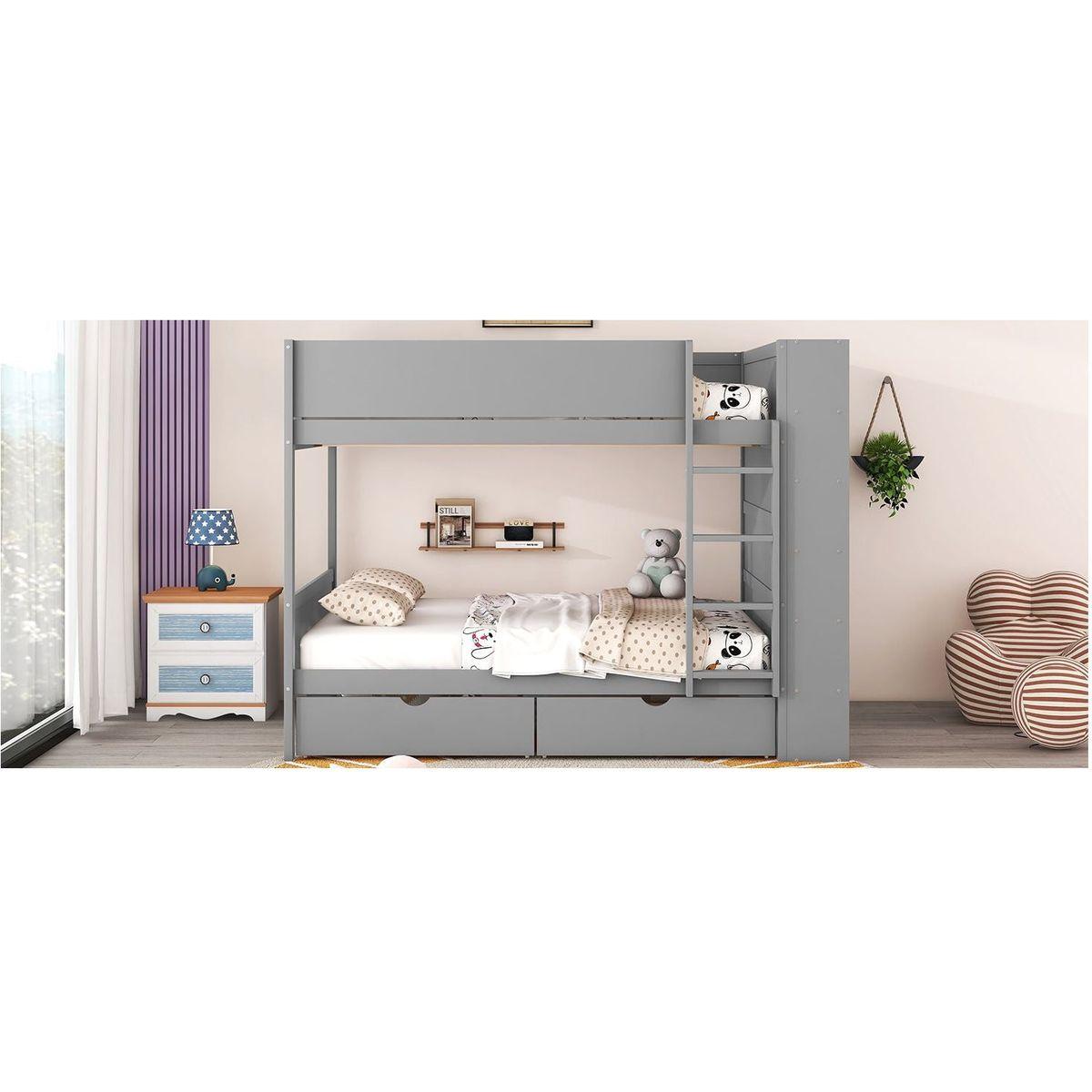 Full over Full Bunk Bed With 2 Drawers and Multi-layer Cabinet, Gray