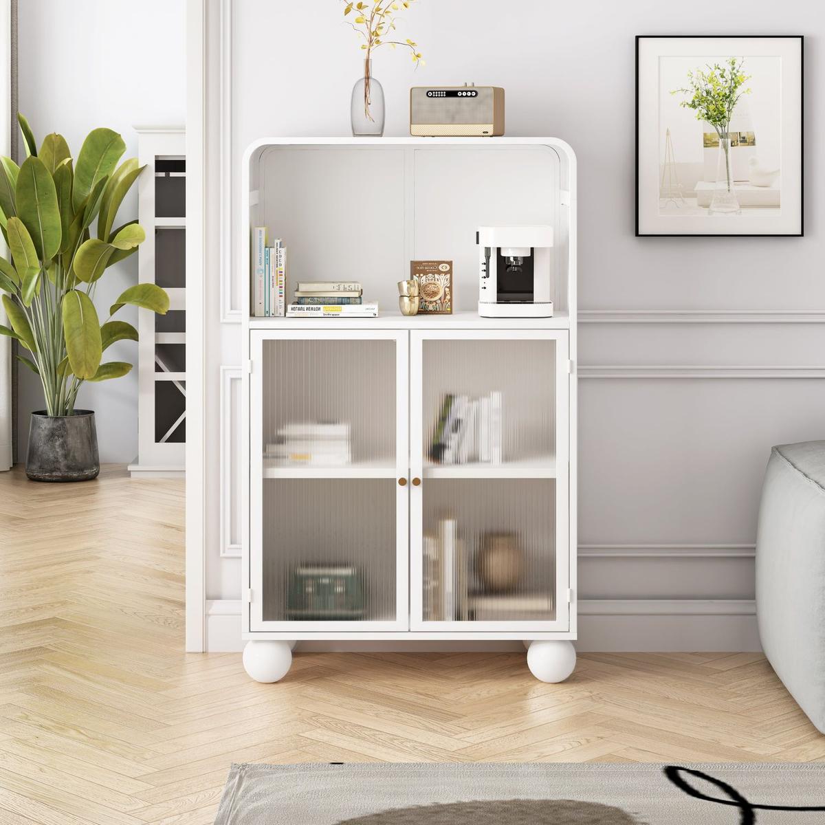 45.28" H Storage Cabinet, Bathroom Floor Cabinet with Glass Door and Shelves, Freestanding Display Storage Cabinet for Bathroom, Living Room, Kitchen, Home Office,White