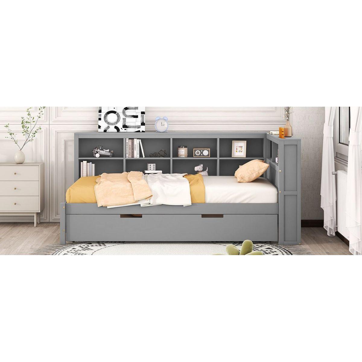 Wooden Twin Size DayBed with Twin Size Trundle, DayBed with Storage Shelf and USB Charging Ports,Grey