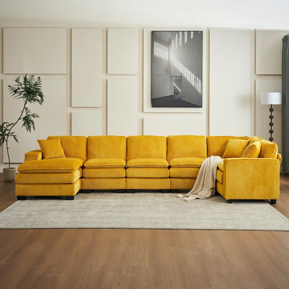 Modern U Shaped 6-seat Sectional Sofa Couch with one Ottoman and