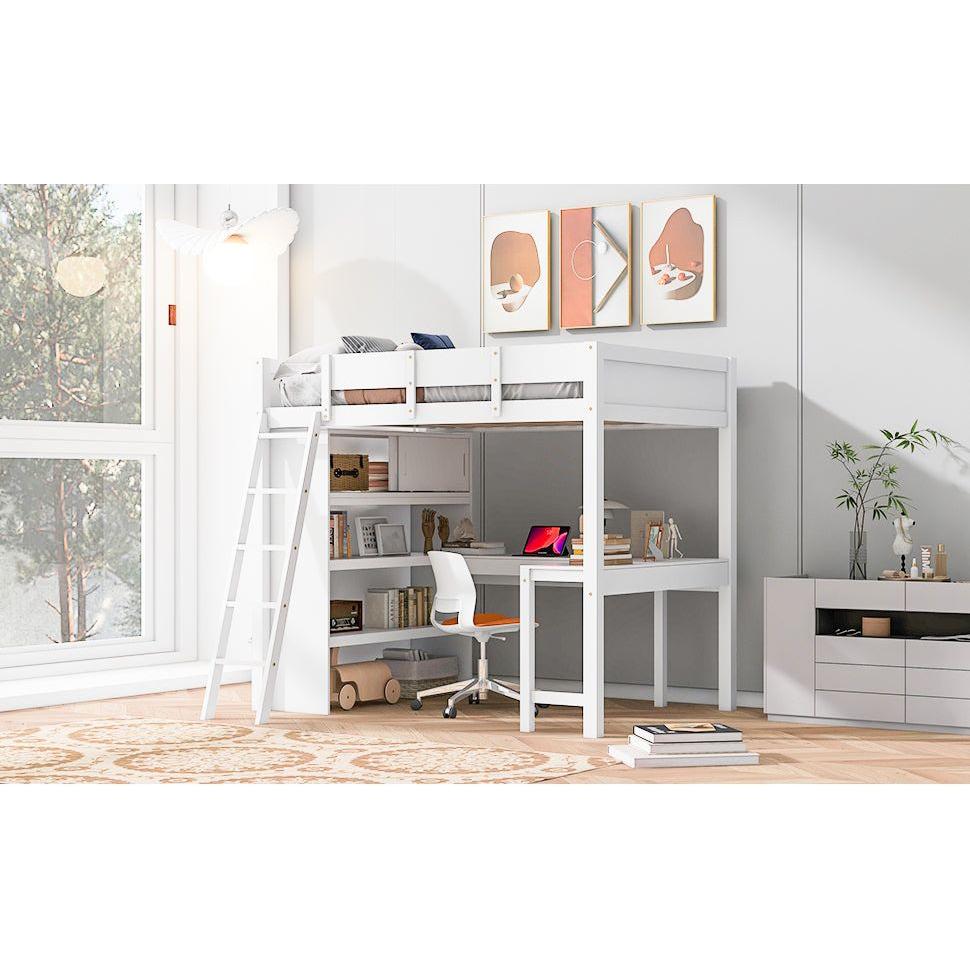 Full Size Loft Bed with Desk and Shelf - White