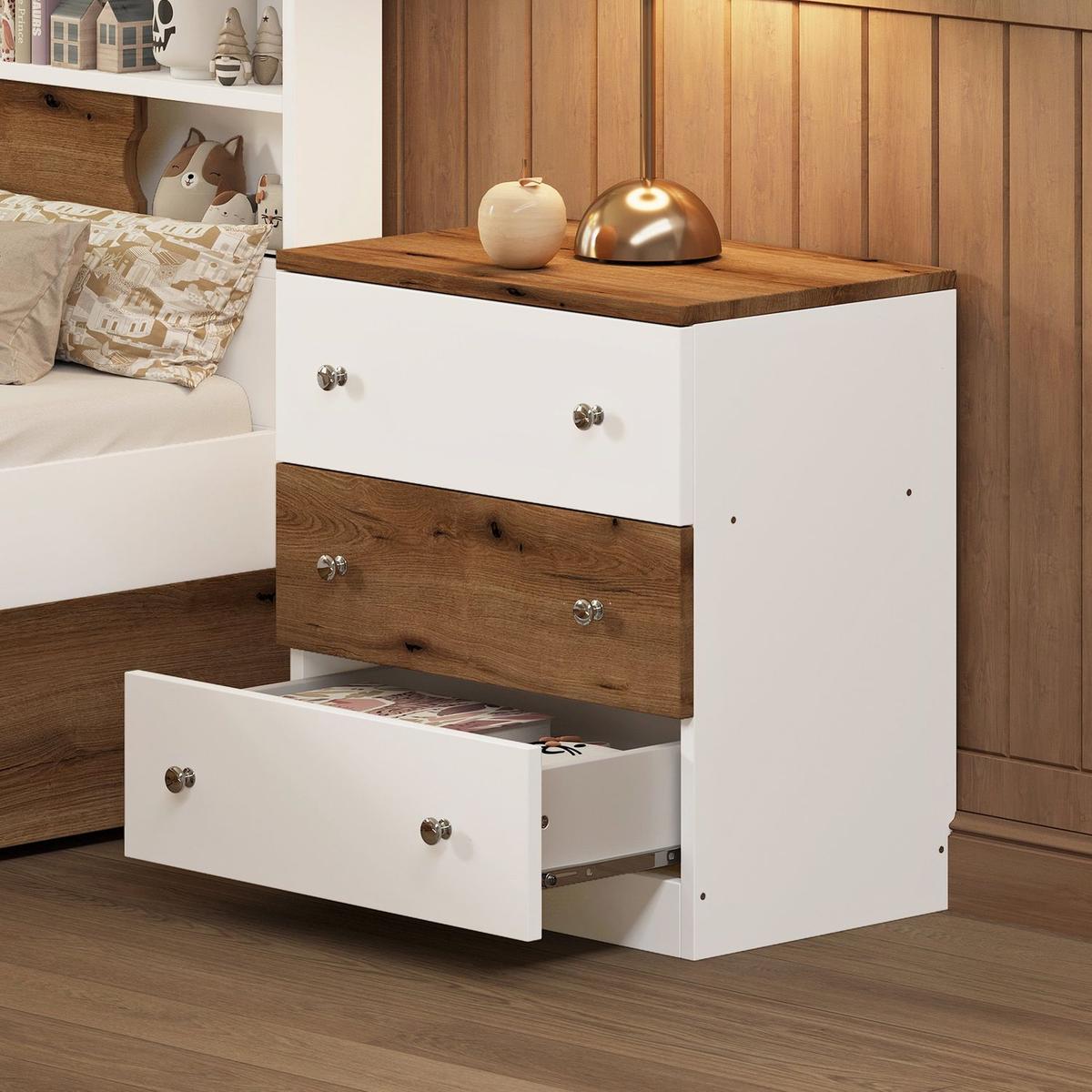 3-Drawer Wooden Nightstand with Colorblock Design and Plastic Handle, Wood Side Table with Storage Cabinet for Bedroom, White+Brown