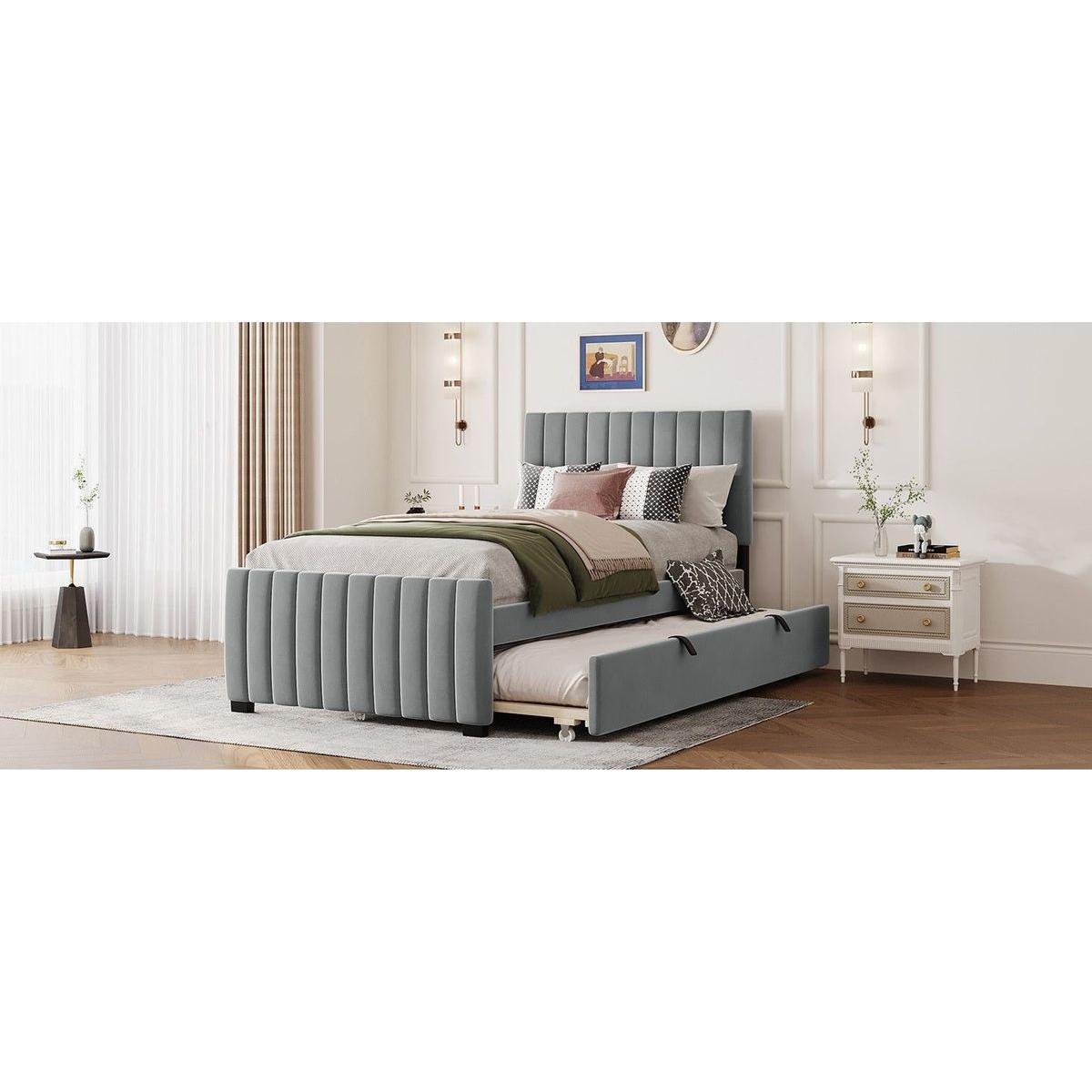 Twin Size Velvet Upholstered Platform Bed with Twin Size Trundle, Gray