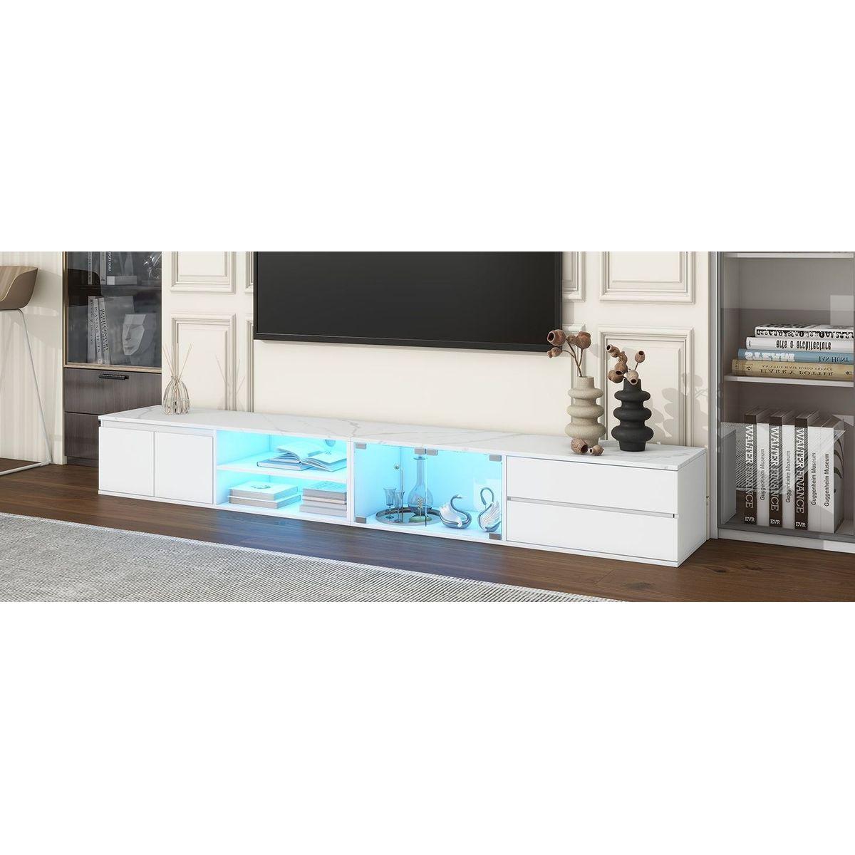 Modern APP Controlled LED TV Stand for TVs Up to 105", Faux Marble Tabletop Media Console with Tempered Glass Doors, Entertainment Center with 2 Drawers & Cabinets for Living Room, White
